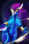 absurd_res anthro asian_mythology aurelion_sol_(lol) big_breasts blue_body breasts butt claws crossgender digital_drawing_(artwork) digital_media_(artwork) dragheti dragon eastern_dragon extreme_size_difference female glowing hair hi_res horn league_of_legends looking_at_viewer macro markings monster mythological_creature mythological_scalie mythology nude reptile riot_games scalie simple_background size_difference smile solo tail tencent thick_thighs wide_hips