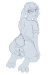 anthro bottomwear clothing eyewear female glasses hi_res lagomorph leporid leproid lewdivax looking_at_viewer mammal pawpads paws rabbit sketch smug solo torn_bottomwear torn_clothing