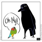 1:1 2024 ambiguous_gender art_of_emm avian beak bird black_body comic corvid corvus_(genus) crow dialogue digital_drawing_(artwork) digital_media_(artwork) duo english_text feral gouldian_finch male male_(lore) multicolored_body narrowed_eyes oscine passerine scandalous_six simple_background speech_bubble standing text white_background