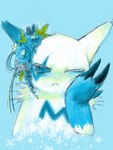 2012 2_fingers 3:4 :< accessory ambiguous_gender arm_markings arm_tuft black_claws blue_background blue_ears blue_eyes blue_markings bust_portrait chest_markings claws digital_media_(artwork) digital_painting_(artwork) ear_tuft eyes_closed feral fingers flower flower_accessory flower_garland front_view generation_3_pokemon gyi. half-length_portrait hand_on_face head_markings leaf looking_aside markings multicolored_ears narrowed_eyes nintendo noseless plant pokemon pokemon_(species) portrait pupils rose_(flower) shaded shiny_pokemon shoulder_tuft simple_background solo sparkles tuft white_body white_ears zangoose