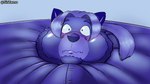 absurd_res anthro blue_body blue_fur blue_hair blueberry_inflation blush body_inflation canid canine cheek_bulge clothed clothing facial_hair fox fur hair headshot_portrait hi_res inflation male mammal ponytail portrait solo thoron wide_eyed zamo