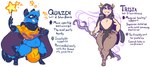 2018 anthro barefoot big_breasts big_bulge blue_body blue_fur bracelet breasts bulge circlet cloak clothing detailed_bulge duo english_text feet female fur huge_bulge human jewelry jinti leotard magic magic_staff magic_user magic_wand male mammal markings neck_tuft procyonid purple_eyes quazen_(tungsten_taco) raccoon slightly_chubby smile star striped_markings striped_tail stripes tail tail_markings teeth text trista tuft wand