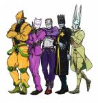 2012 alternate_costume animal_humanoid clothed clothing cosplay dirty_deeds_done_dirt_cheap felid felid_humanoid feline fully_clothed group humanoid jojo's_bizarre_adventure killer_queen king_crimson_(jjba) lagomorph lagomorph_humanoid long_ears looking_at_viewer male mammal mammal_humanoid meme pose pupils red_eyes simple_background slit_pupils stand_(jjba) the_world_(jjba) tomitaro undressing whitesnake_(jjba)