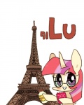 2015 4:5 book bottle container eiffel_tower english_text equid equine eyewear female friendship_is_magic glasses hasbro horn joycall3 lutetium mammal moondancer_(mlp) my_little_pony mythological_creature mythological_equine mythology paris purple_eyes real_world solo text unicorn