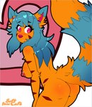 anthro blue_hair felid feline female fluffy fluffy_tail hair hi_res mammal softpawcafe solo stripes tail