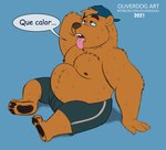 2021 anonymous_artist anthro bear belly bodily_fluids bottomwear chest_fur clothing dialogue english_text eyebrows feet hair hand_on_head hat headgear headwear hi_res hindpaw male mammal on_ground overweight overweight_male pants paws solo speech_bubble sweat text tired_eyes tongue tongue_out tony_(tonycomics) tonycomics