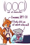 2018 :3 anthro bdsm black_nose blue_eyes bulge canid canine canis clothed clothing computer dialogue digital_drawing_(artwork) digital_media_(artwork) duo electronics english_text fox fur grey_body grey_fur harness humor laptop male mammal open_mouth profanity question_mark red_eyes roleplay sexotheque simple_background smile text white_background wolf