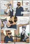 anthro apron barrista beard beverage brown_body brown_fur brown_hair cafe canid canine canis chair clothing comic dialogue domestic_cat domestic_dog duo english_text facial_hair felid feline felis fur furniture gesture greeting grey_body grey_fur hair hi_res host josiah josiah_(narusewolf) magic magic_user male mammal mustache narusewolf plant plant_pot purple_eyes sequence serve shirt steam table talking_to_another talking_to_partner tea text topwear url waving window yellow_body yellow_fur