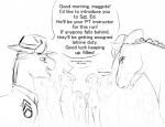 2017 black_and_white clothed clothing dialogue english_text equid equine feral friendship_is_magic fur group hair hasbro hat headgear headwear hi_res horse male mammal monochrome my_little_pony pony royal_guard_(mlp) silfoe speech_bubble text uniform