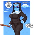 Rating: s
ID: 5338532
Date: 2025-01-29 14:18:46 -0500
Status: active
Score: 10
2_horns absurd_res anthro arisenleaf bicorn blue_body blue_eyes breasts clothing confrontation duo english_text equid equine female hair hi_res horn humanoid intimidation jared_(arisenleaf) lilith_(arisenleaf) looking_at_viewer male male/female mammal mistaken_identity nun nun_habit offscreen_male red_hair religious_clothing ruler short_male speech_bubble text wide_hips post #5338532