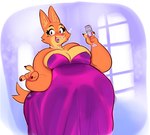 anthro belly beverage big_belly big_breasts breasts canid canine cleavage clothed clothing diane_foxington dreamworks dress eyebrow_piercing eyelashes facial_piercing female fox hi_res holding_beverage holding_object looking_at_viewer mammal open_mouth overweight overweight_anthro overweight_female paulmcbuzz piercing purple_clothing purple_dress sharp_teeth signature solo teeth the_bad_guys weight_gain window