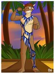 3:4 anthro bovid bovine bull_frat_dude_(fuze) cattle flexing flexing_bicep fuze grass_skirt grin hi_res male mammal mostly_nude nipples outside palm_tree plant pose smile solo sunset tree