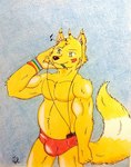 2016 anthro barazoku belly biceps bulge canid canine cellphone cheek_markings clothing dashfox dashthefox electronics facial_markings fluffy fluffy_tail fox fur green_eyes hand_on_head head_markings headphones hi_res kemono listening_to_music male mammal manly markings musclegut muscular muscular_anthro muscular_male musical_note musical_symbol object_in_mouth overweight overweight_anthro overweight_male pecs pencil_(object) pencil_in_mouth phone pride_color_wristband rainbow_wristband red_clothing red_underwear simple_background smartphone solo symbol tail traditional_media_(artwork) tuft underwear wristband writing_utensil writing_utensil_in_mouth yellow_body yellow_fur