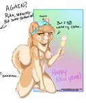 2015 alcohol ankh anthro bedroom_eyes beverage blue_clothing blue_panties blue_underwear bow_panties bow_underwear breasts canid canine canis casual_nudity chest_tuft clothing collar colored_edge_panties dialogue digital_media_(artwork) digitigrade domestic_dog drunk english_text female fluffy fluffy_tail full-length_portrait fur genitals glass green_eyes half-closed_eyes holding_glass holding_object holidays mammal mostly_nude narrowed_eyes new_year nude offscreen_character panties pomeranian portrait pussy rika_(artist) rika_(rika) seductive simple_background smile solo spitz substance_intoxication tail tan_body tan_fur tattoo text tuft underwear underwear_on_head