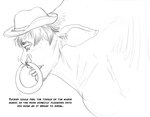 arania black_text border bovid bovine clothing comic cowboy_hat facial_piercing hair hat headgear headwear human human_to_feral inner_ear_fluff male mammal mid_transformation monochrome nose_piercing piercing septum_piercing solo species_transformation text traditional_media_(artwork) transformation tuft white_border