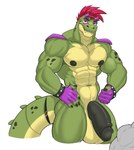 abs alligator alligatorid anthro balls biceps big_balls big_penis claws crocodilian five_nights_at_freddy's five_nights_at_freddy's:_security_breach genitals green_body green_scales hair hi_res humanoid_genitalia humanoid_penis male mammal mohawk montgomery_gator muscular muscular_anthro muscular_male nipples nude pecs penis red_hair reptile scales scalie scottgames simple_background solo steel_wool_studios tail teeth vexedlupine