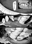 anthro destruction dinosaur hi_res japan japanese_text landscape_dwarfing macro male monochrome prehistoric_species reptile scalie solo terra_macro text tokasan114 vore waboul