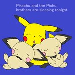 1:1 ambiguous_gender blue_background consuelo95 english_text feral generation_1_pokemon generation_2_pokemon group head_tuft nintendo pichu pichu_big pichu_little pikachu pokemon pokemon_(species) simple_background sleeping text trio tuft