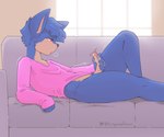 6:5 absurd_res anthro blue_body blue_fur blue_hair bodily_fluids clothing foreskin fur furniture genital_fluids genitals hair hi_res humanoid_genitalia humanoid_penis inside long_sleeves male mammal masturbation on_sofa penile penile_masturbation penis pink_clothing pink_shirt pink_topwear precum reclining red_eyes shirt side_view sofa solo tinysmallman topwear window