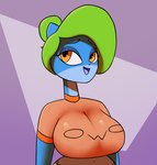 alien anthro big_breasts blue_body breasts clothing domestic_ferret female green_hair hair hi_res jovi_cap karol_(jovi_cap) mammal mustelid musteline navel orange_eyes owo shirt solo topwear true_musteline weasel