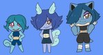 2020 :> anthro anthrofied arms_bent athletic_wear bangs barefoot belly bent_arm bent_wrist big_eyes big_hands black_bottomwear black_clothing black_crop_top black_inner_ear black_shirt black_shorts black_topwear blastoise blue_background blue_body blue_bottomwear blue_clothing blue_crop_top blue_hair blue_shirt blue_shorts blue_topwear blush blush_stickers bottomwear breasts brown_eyes cannon chibi closed_smile clothed clothing crop_top curled_tail digital_media_(artwork) evolutionary_family extended_arm eyebrow_through_hair eyebrows eyelashes eyelashes_through_hair eyeshadow facial_markings featureless_feet featureless_hands featureless_legs featureless_limbs feet female fighting_pose fluffy fluffy_tail generation_1_pokemon green_hair grin group hair hair_over_eye half-closed_eyes hand_on_hip hands_on_hips head_markings head_wings hi_res leg_wraps looking_at_viewer makeup markings midriff mouth_closed multicolored_body mythrica narrowed_eyes nintendo non-mammal_breasts one_eye_obstructed open_mouth open_smile oversized_bottomwear oversized_clothing oversized_shorts parted_bangs pink_eyes pokemon pokemon_(species) pokemorph pose prick_ears purple_blush purple_body purple_cheeks purple_eyelids purple_eyes purple_eyeshadow purple_hair ranged_weapon reptile scalie shell shirt short_hair shorts shoulder_cannon side_bangs simple_background slit_nostrils small_breasts smile smiling_at_viewer snout squirtle standing straight_legs striped_belly stripes tail tan_belly tan_body teal_bottomwear teal_clothing teal_crop_top teal_hair teal_shirt teal_shorts teal_topwear teeth toothy_grin topwear translucent translucent_hair trio turtle two_tone_body unusual_wing_placement wartortle weapon white_leg_wraps white_wraps wide_nose wide_snout wide_stance wings wraps