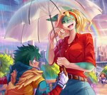 absurd_res anthro blonde_hair city clothing cloud cloudy_sky duo_focus eye_contact female green_body green_hair group hair hi_res holding_object holding_umbrella ippan_josei izuku_midoriya larger_anthro larger_female looking_at_another male male/female my_hero_academia ochaco_uraraka open_mouth outside plant rainbow raining red_clothing red_shirt red_topwear shirt shrub size_difference sky smile topwear tree trio umbrella vlizz white_body