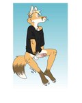 4:5 anthro balls bartek22 black_clothing black_shirt black_topwear bodily_fluids bottomless bottomless_male canid canine charlie_the_fox_(bartek22) circumcised circumcision_scar clothed clothing dripping ear_piercing ears_up erection feet fox fur genital_fluids genital_scar genitals hi_res humanoid_feet humanoid_genitalia humanoid_penis male mammal orange_body orange_fur penis piercing plantigrade precum precum_drip scar shirt simple_background sitting solo tail topwear