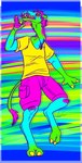 abstract_background anthro blue_body blue_fur bottomwear camel camelid clothing front_view fur green_body green_fur green_tail hi_res horizontal_pupils imperatorcaesar male mammal marco_(imperatorcaesar) neck_tuft pink_bottomwear pink_clothing pink_shorts pink_tail_tuft pupils shirt shorts signature solo t-shirt tail tail_tuft teeth topwear tuft yellow_clothing yellow_shirt yellow_t-shirt yellow_teeth yellow_topwear