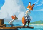 absurd_res anthro big_butt boots breasts butt canid canine clothing cloud duo execution eye_contact female footwear fox gamgyuls green_eyes hands_tied_behind_back hi_res island looking_at_another looking_at_partner male mammal mouse murid murine rodent sea ship shoes sky vehicle water watercraft wide_hips