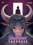 anthro bovid bovine cattle cover cover_art cover_page curved_horn duo english_text eyes_closed fur grey_body grey_fur hi_res horn male mammal muscular muscular_male text zourik