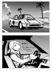 anthro beach black_and_white bovid caprine car clothed clothing comic dialogue driving english_text female ferrari ferrari_testarossa greyscale hi_res hladilnik inside_car inside_vehicle jane_doe_(hladilnik) mammal monochrome outside palm_tree plant road seaside sheep solo text topwear tree vehicle