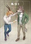 2024 absurd_res antelope anthro biped bottomwear bovid brown_body brown_fur canid canine canis clothing comic dialogue digital_media_(artwork) duo footwear fully_clothed_anthro fully_clothed_male fur hand_on_shoulder hi_res horn jacket male male_anthro mammal multicolored_body multicolored_fur pants pictographics pngx_(artist) shirt shoes topwear white_body white_fur wolf yellow_eyes