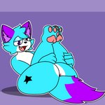 1:1 azu_(oc) blue_body blue_fur blue_hair butt canid canine fangs femboy fox fur hair hi_res holding_both_legs legs_up lyncario male mammal markings multicolored_body multicolored_fur multicolored_tail open_mouth paws pink_paws purple_background purple_body purple_ears purple_eyes purple_fur simple_background spread_butt spreading star_(marking) tail teeth