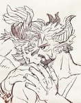 anothereidos_of_dragon_vein_r anthro atmos_(anothereidos_r) demon dragon duo european_mythology fishismdick hair hi_res horn horned_humanoid hug humanoid long_hair lucifer_(anothereidos_r) male male/male muscular muscular_male mythological_creature mythological_scalie mythology ponytail scalie western_dragon