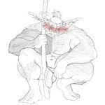 1:1 anthro arm_hair asian_clothing ball_slip balls blush body_hair bugbear bulge chest_hair clothing east_asian_clothing facial_hair foreskin fundoshi genitals hair hairy_balls hairy_legs hi_res islate_(artist) japanese_clothing kneeling leg_hair long_ears male muscular muscular_male penis ponytail pubes raised_leg sideburns sitting solo spread_legs spreading tattoo underwear