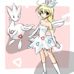 1:1 alternate_species animal_humanoid avian avian_humanoid blonde_hair breasts brown_eyes clothing cosplay costume crown dress duo female feral generation_2_pokemon hair headgear humanoid humanoidized long_hair low_res nintendo pokemon pokemon_(species) pokemon_costume pokemon_humanoid pokemorph ranphafranboise togetic wings