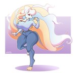 2023 5_fingers 9_tails absurd_res alolan_form alolan_ninetales anthro big_breasts big_butt blue_bottomwear blue_clothing blue_jeans blue_pants bottomwear breasts butt clothed clothing denim denim_bottomwear denim_clothing elizabeth_karola female female_(lore) female_anthro fingers front_view fully_clothed fully_clothed_anthro fully_clothed_female fur generation_1_pokemon generation_7_pokemon green_eyes grey_body grey_clothing grey_fur grey_inner_ear grey_sweater grey_topwear heterochromia hi_res huge_breasts hybrid jeans multi_tail ninetales nintendo on_one_leg orange_nose pants pokemon pokemon_(species) purple_background red_eyes regional_form_(pokemon) rudytheshark shirt simple_background solo standing sweater tail topwear white_background white_ears yellow_body yellow_fur