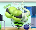 2024 absurd_res anthro big_breasts breast_expansion breasts building butt butt_expansion computer creaking dated day-tripper-guy dialogue electronics expansion female female_(lore) fish green_outline green_text helium helium_inflation helium_tank hi_res hissing hose_in_navel hose_inflation house huge_breasts hyper hyper_breasts implied_popping inflation liz_(wayne702) marine motion_lines onomatopoeia outline shark sky sound_effects speech_bubble text translucent translucent_body vr_headset window