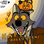 1:1 anthro canid canine canis clothing costume dreamworks excited food fruit grin halloween happy heart_symbol holidays looking_at_viewer male mammal mr._wolf_(the_bad_guys) plant pumpkin skylinesouth2023 smile solo the_bad_guys wolf