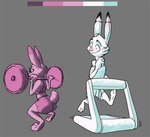 2022 3_toes 4_fingers anthro barefoot bottomwear bra butt clothing disney duo exercise feet female fingers fur hindpaw humanoid_hands jack_savage judy_hopps lagomorph leporid looking_at_another looking_at_butt male male/female mammal paws rabbit restricted_palette robcivecat running scut_tail short_tail shorts sketch sports_bra striped_body striped_fur stripes tail toes treadmill underwear weightlifting weights workout zootopia