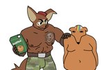 anthro belt beverage bottomwear brown_body brown_fur camo camo_bottomwear camo_clothing camo_pants camo_print carton clothed clothing crossgender duo featureless_chest floppy_ears fur half-length_portrait holding_beverage holding_object hybrid juice male muscular nipples orange_body orange_fur overweight pants pattern_bottomwear pattern_clothing pattern_pants portrait tama-tama topless