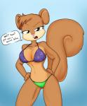 2016 annoyed anthro bikini breasts camel_toe clothed clothing dialogue english_text female fur half-closed_eyes hands_on_hips hi_res looking_at_viewer mammal midriff narrowed_eyes navel nickelodeon nipple_outline open_mouth rodent sandwich-anomaly sandy_cheeks sciurid simple_background skimpy solo spongebob_squarepants standing string_bikini swimwear text tree_squirrel two-piece_swimsuit under_boob underwear unimpressed