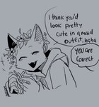 anthro aveloka clothed clothing cute_fangs dialogue digital_drawing_(artwork) digital_media_(artwork) domestic_cat english_text eyes_closed felid feline felis fur grey_background holding_object mammal monochrome open_mouth open_smile simple_background smile speech_bubble talking_to_another text