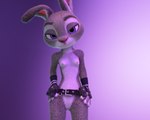 3d_(artwork) 5:4 anthro belt breasts clothing digital_media_(artwork) disney female fingerless_gloves fingers floofyboy fur genitals gloves grey_body grey_fur half-closed_eyes hands_on_hips handwear judy_hopps lagomorph leporid looking_at_viewer lustful_gaze mammal mostly_nude narrowed_eyes nipples presenting presenting_pussy purple_eyes pussy rabbit solo standing zootopia