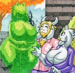 2024 2_horns 4_fingers anthro artist_name asgore_dreemurr beard big_breasts black_eyes blonde_hair body_hair boss_monster_(undertale) bovid breasts caprine chest_hair cleavage clothed clothing curvy_figure detailed_background dress_shirt duo eyelashes eyewear facial_hair female fingers fur glasses goat graphite_(artwork) hair hi_res horn huge_breasts husband husband_and_wife long_ears male mammal marker_(artwork) married_couple mature_anthro mature_female mature_male outside parasitedeath pencil_(artwork) plant scissors shirt short_hair shrub signature topwear toriel traditional_media_(artwork) tree undertale undertale_(series) voluptuous white_body white_fur wife