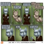 anthro clothing comic dialogue digital_media_(artwork) distracted domestic_cat duo english_text felid feline felis female hi_res james_howard mammal necktie patreon patreon_logo reggie_(james_howard) sitting speech_bubble text unprofessional_behavior url website_logo