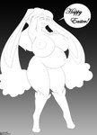 anthro areola big_breasts breasts dialogue digitigrade female generation_4_pokemon genitals halcy0n hi_res huge_breasts long_ears lopunny monochrome nintendo nipples nude pokemon pokemon_(species) pregnant pregnant_anthro pregnant_female pussy rai_(raichumorph4) smile solo thick_thighs wide_hips