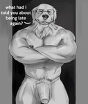 absurd_res anthro balls big_muscles big_pecs big_penis bird_dog canid canine canis dialogue doggonut domestic_dog english_text eyewear foreskin fur genitals glasses golden_retriever hi_res humanoid_genitalia humanoid_penis hunting_dog long_ears looking_at_viewer male mammal mature_male monochrome muscular muscular_anthro muscular_male navel nipples nude pecs penis pubes retriever simple_background solo text