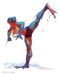 2023 4:5 action_pose amphibian anthro athletic athletic_anthro athletic_male bottomwear clothing crop_top digital_media_(artwork) eyebrows feet frog hi_res male open_mouth open_smile pose shirt shorts simple_background smile solo taran_fiddler tongue topwear torn_clothing torn_topwear werefrog weretober wet white_background