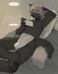 anthro biped black_body black_fox_(milkytiger1145) black_fur blue_eyes bulge canid canine dipstick_tail eyebrows fox fur grey_hair hair hi_res inner_ear_fluff kemono male mammal markings milkytiger1145 pillow solo tail tail_markings towel tuft